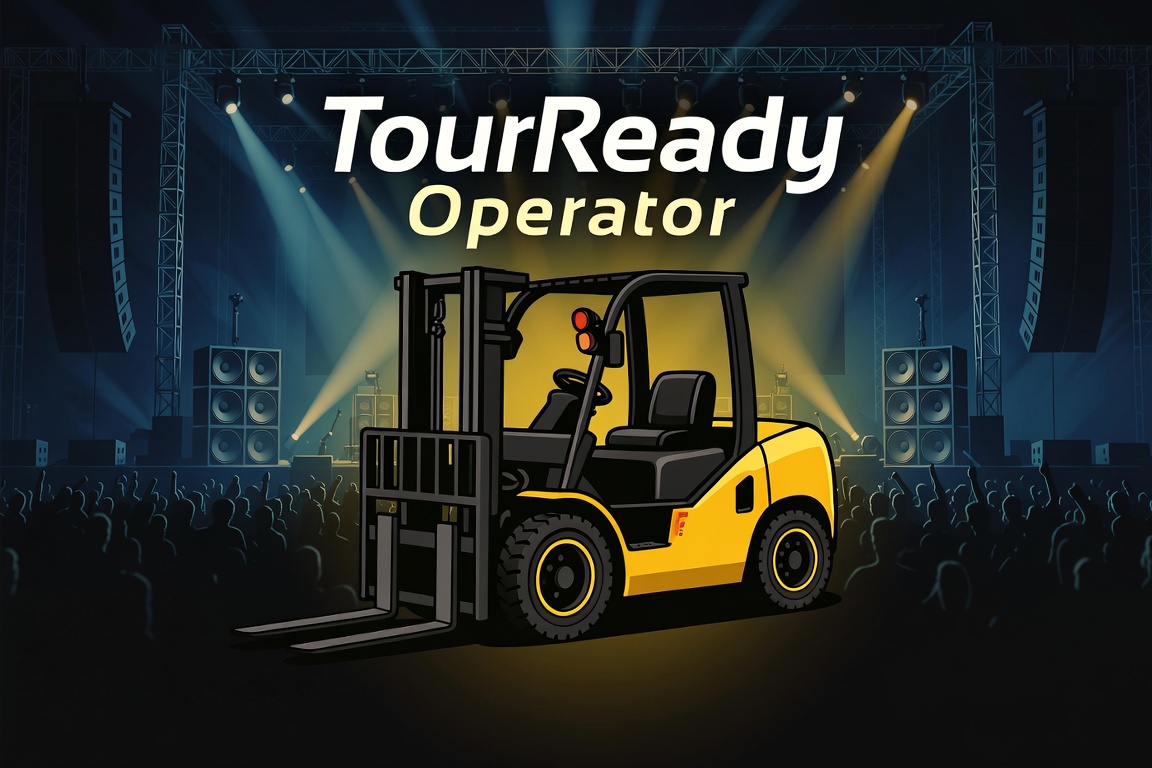 TourReady Operator — a telehandler forklift silhouetted on a concert stage under lighting rigs