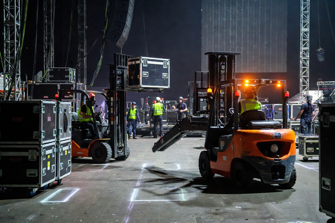 Full night load-out in progress: two forklifts working an arena floor, one raising a road case high, hi-vis crew moving between them.