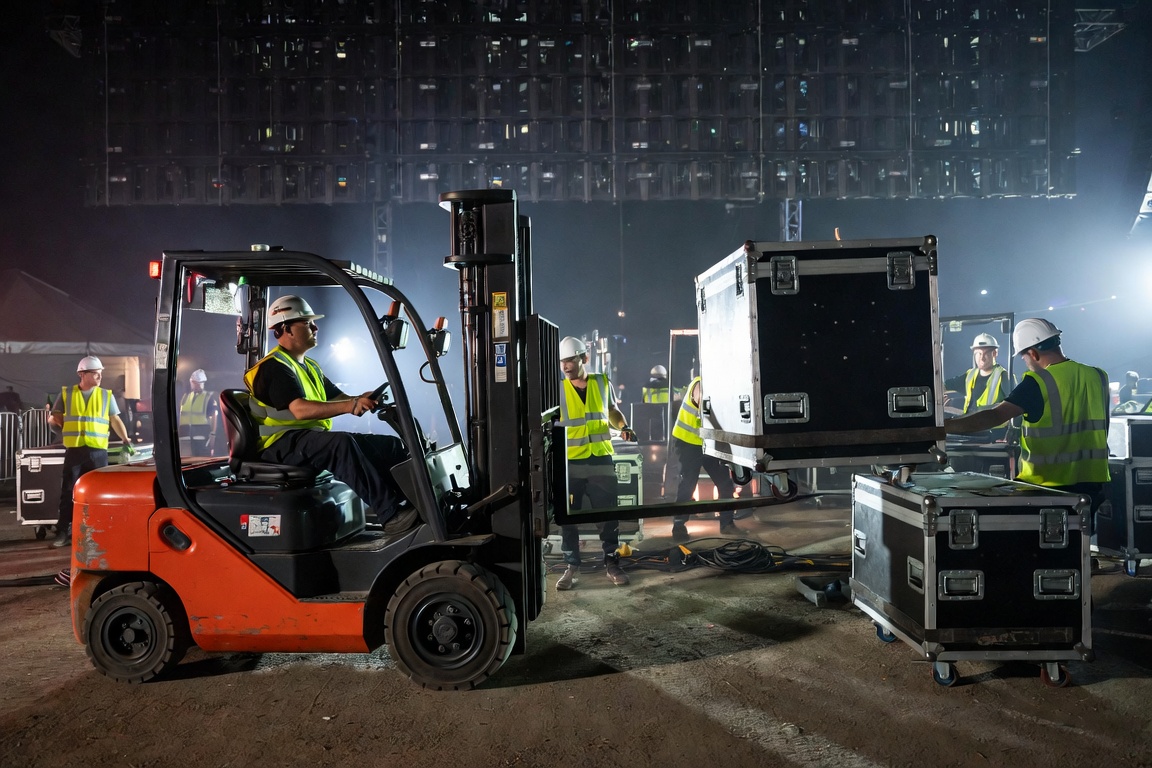 Forks entering the pockets of a large road case while hi-vis crew steady it, LED wall stacked in the background.