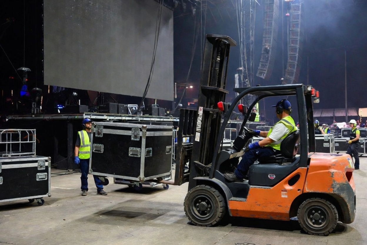 Indoor arena floor at night: a forklift moves a road case past a projection screen while a crew member walks the load.
