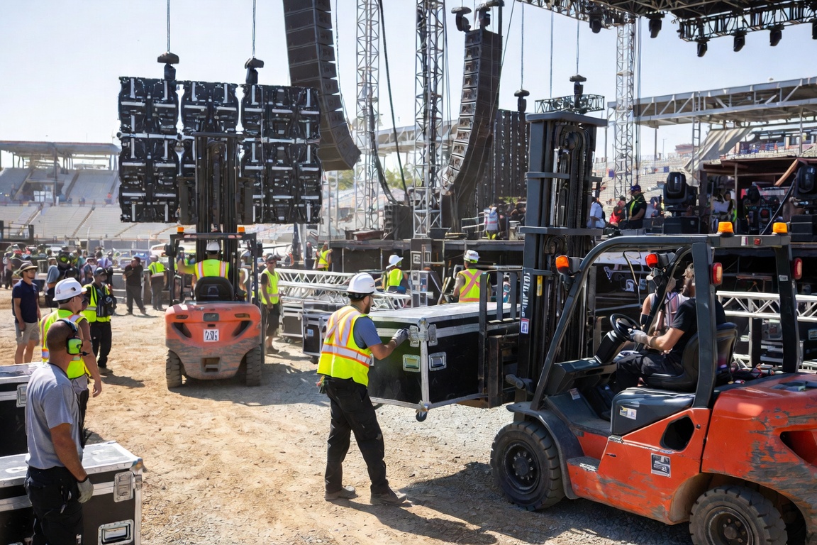 Outdoor festival build in daylight — forklifts and crew move cases and decking under flown LED walls and line arrays.